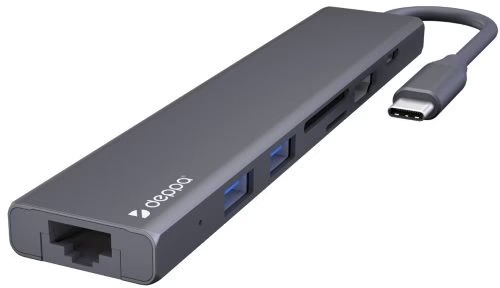 USB Type-C хаб 7-в-1 Deppa , HDMI, Power Delivery, 2xUSB 3.0, RJ45, microSD/SD, графит