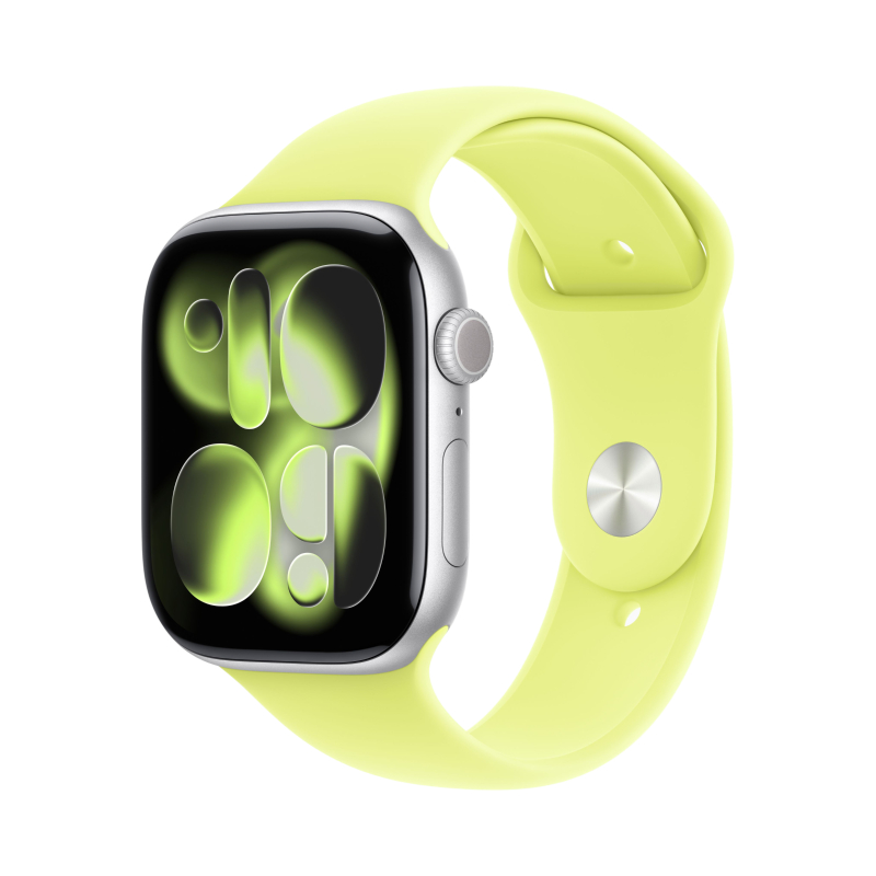 На фото изображено Apple Watch Series 11, 46 мм, корпус из алюминия цвета «Серебристый», спортивный ремешок, размер M/L