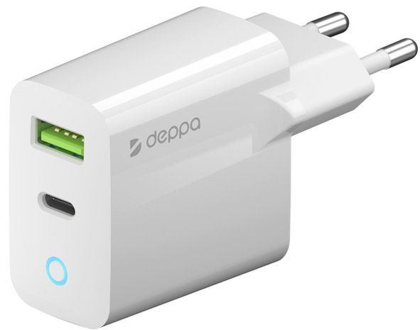 СЗУ USB-C + USB A Deppa, PD 3.0, QC 3.0, 20W, белый