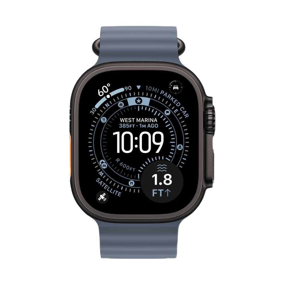 Фото Apple Watch Ultra 3 GPS + Cellular, 49 мм, корпус из чёрного титана, ремешок Ocean Band, цвет синий На фото изображено Apple Watch Ultra 3 GPS + Cellular, 49 мм, корпус из чёрного титана, ремешок Ocean Band, цвет синий