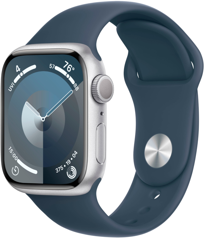Apple Watch Series 9, 41 мм, корпус из алюминия цвета «Серебристый», спортивный ремешок, размер M/L