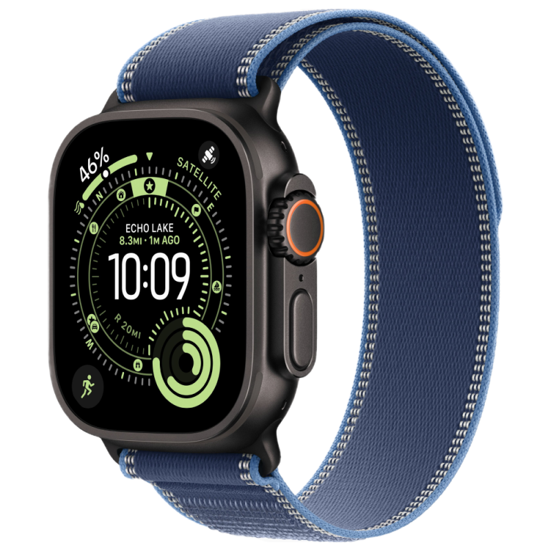 Фото Apple Watch Ultra 3 GPS + Cellular, 49 мм, корпус из чёрного титана, ремешок Trail, цвет синий, M/L На фото изображено Apple Watch Ultra 3 GPS + Cellular, 49 мм, корпус из чёрного титана, ремешок Trail, цвет синий, M/L