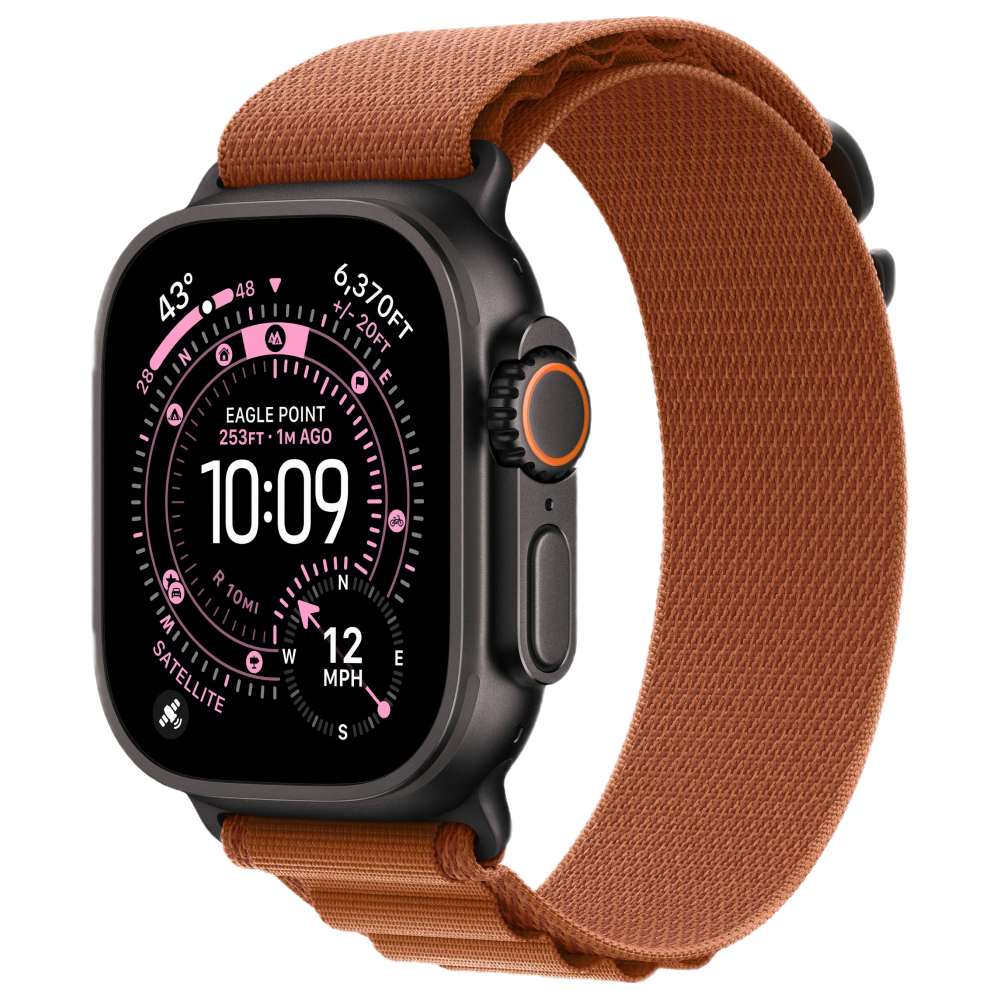 На фото изображено Apple Watch Ultra 3 GPS + Cellular, 49 мм, корпус из чёрного титана, ремешок Alpine, цвет терракотовый, M