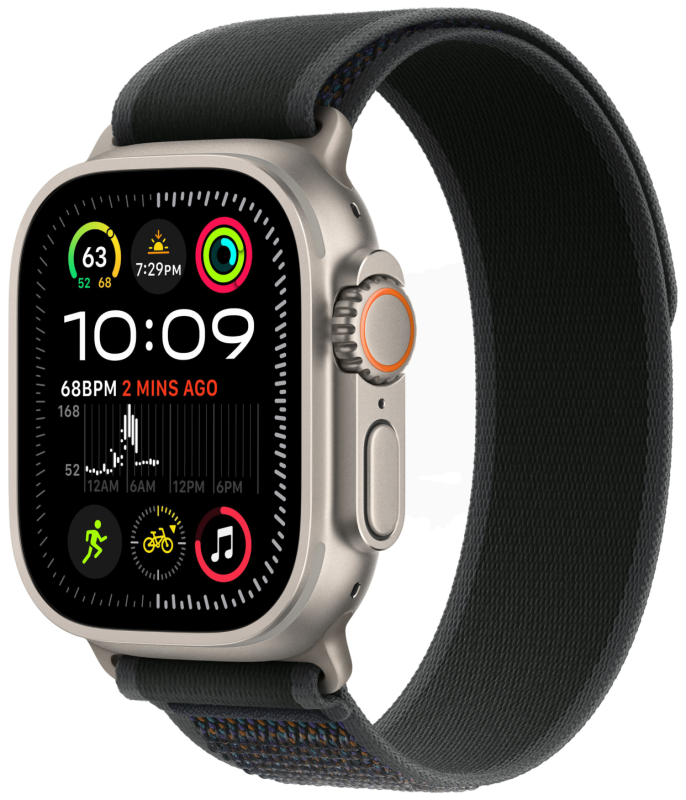 Apple Watch Ultra 2 GPS + Cellular, 49 мм, корпус из бежевого титана, ремешок Trail чёрного цвета, размер M/L