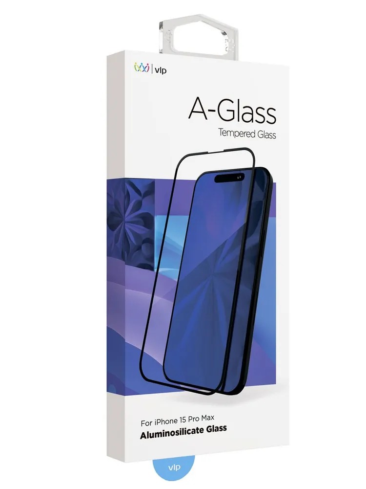 Стекло защитное 2.5D "vlp" A-Glass для iPhone 15 ProMax с черной рамкой