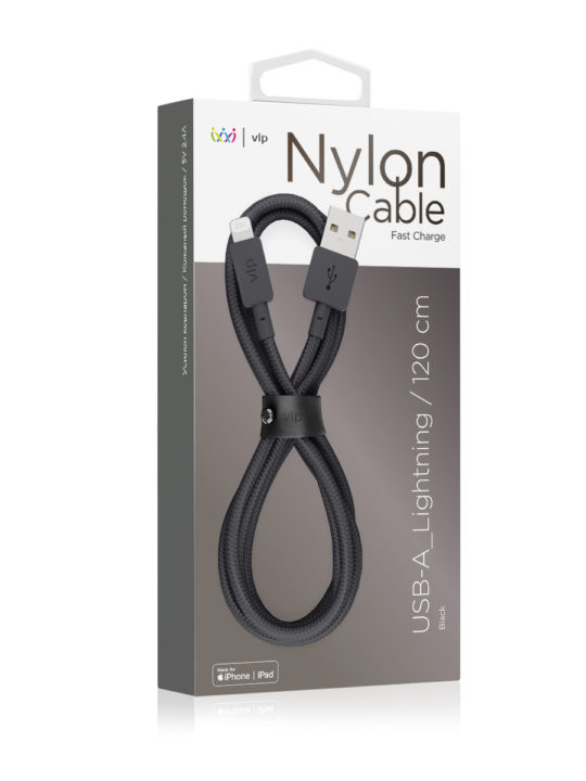 Дата-кабель VLP Nylon Cable USB A - Lightning MFI, 1.2м, черный