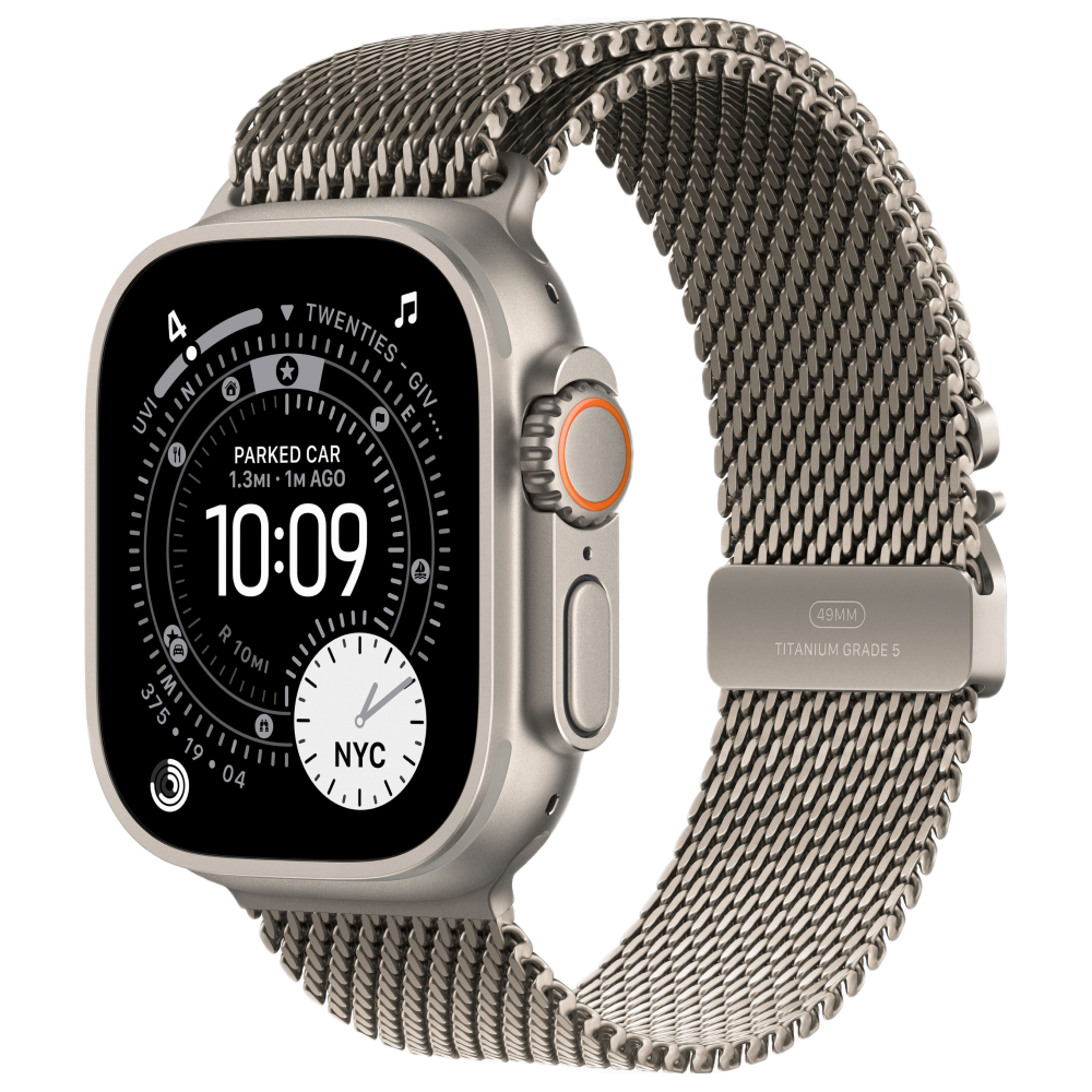 На фото изображено Apple Watch Ultra 3 GPS + Cellular, 49 мм, корпус из натурального титана, ремешок Milanese цвета «натуральный титан», размер M