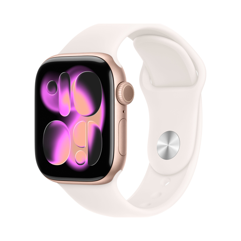 На фото изображено Apple Watch Series 11, 42 мм, корпус из алюминия цвета «Розовое золото», спортивный ремешок, размер M/L