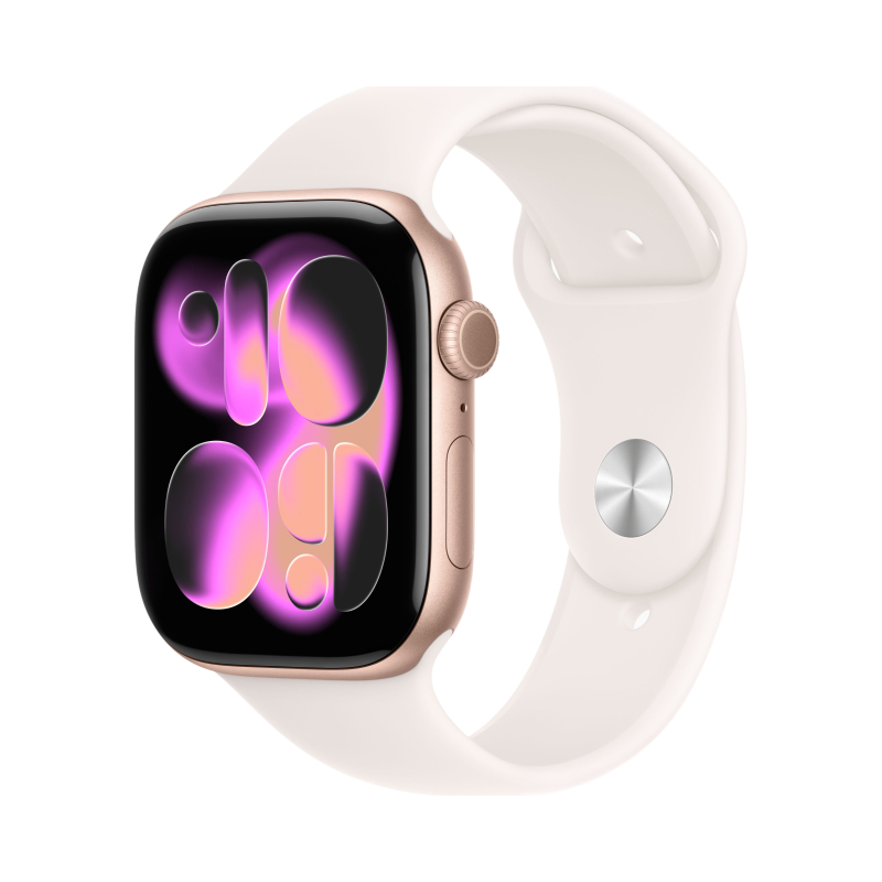 На фото изображено Apple Watch Series 11, 46 мм, корпус из алюминия цвета «Розовое золото», спортивный ремешок, размер S/M