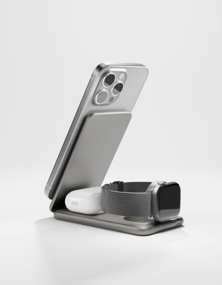 На фото изображено Беспроводное зарядное устройство VLP Alum Power Pro, натуральный титан