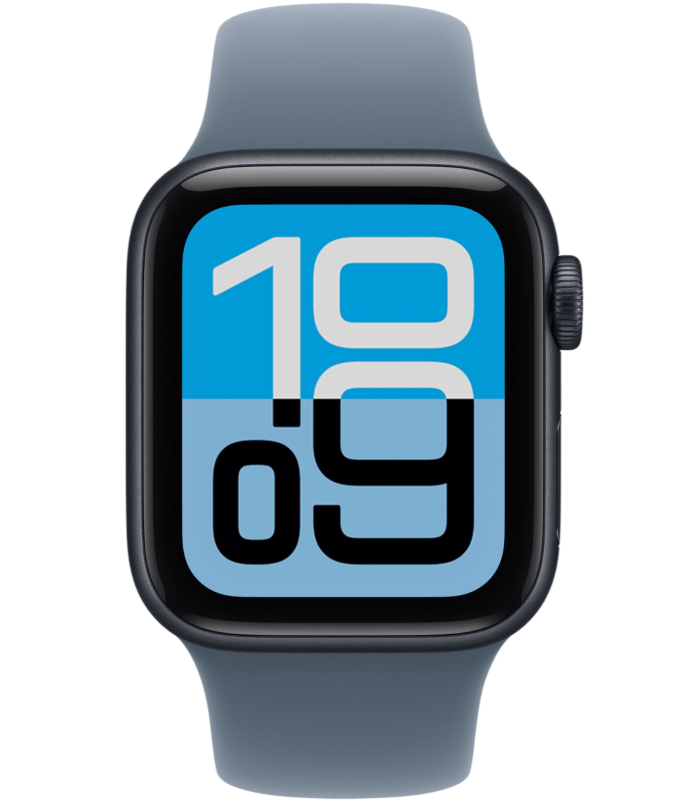 На фото изображено Apple Watch SE 3, 40 мм, корпус из алюминия цвета «Полуночный черный», спортивный ремешок, размер M/L