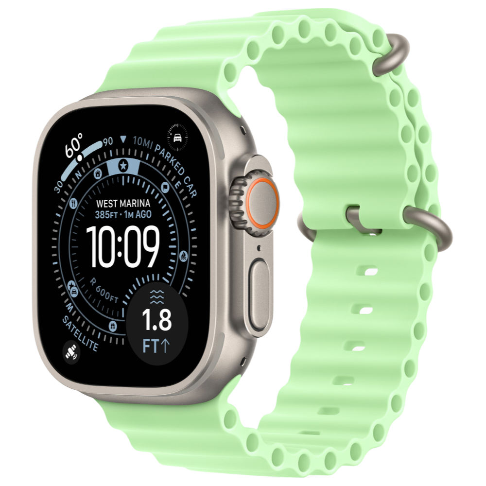 На фото изображено Apple Watch Ultra 3 GPS + Cellular, 49 мм, корпус из натурального титана, ремешок Ocean Band, цвет неоновый зелёный
