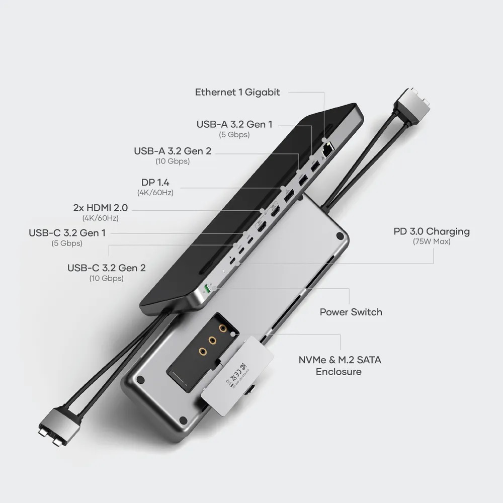 Док-станция двойная Satechi Dual Dock Stand - Docking Station with NVMe SSD Enclosure, черно-серебристый