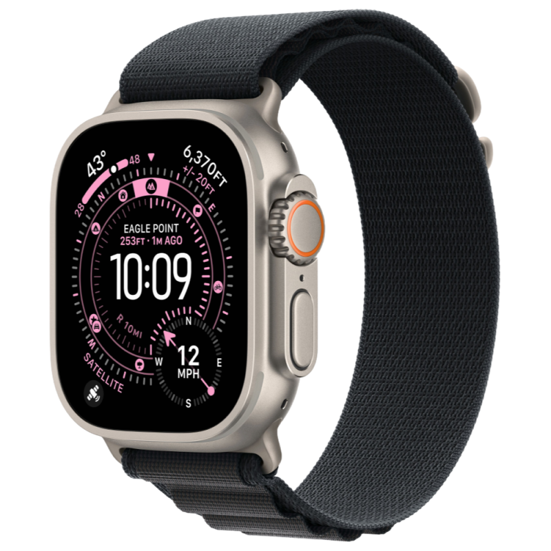 На фото изображено Apple Watch Ultra 3 GPS + Cellular, 49 мм, корпус из натурального титана, ремешок Alpine, цвет чёрный, S