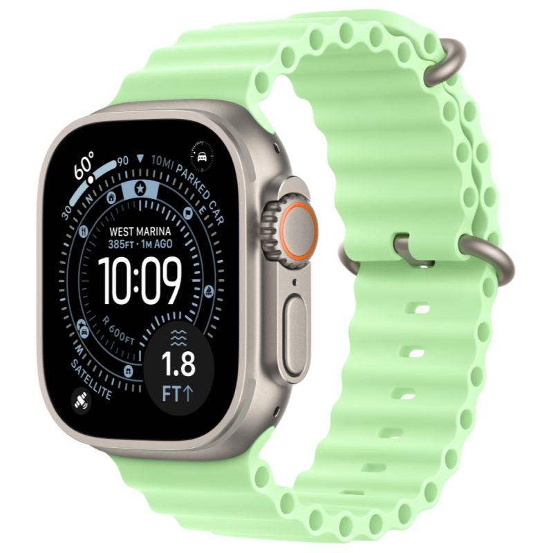 Фото Apple Watch Ultra 3 GPS + Cellular, 49 мм, корпус из натурального титана, ремешок Ocean Band, цвет неоновый зелёный На фото изображено Apple Watch Ultra 3 GPS + Cellular, 49 мм, корпус из натурального титана, ремешок Ocean Band, цвет неоновый зелёный