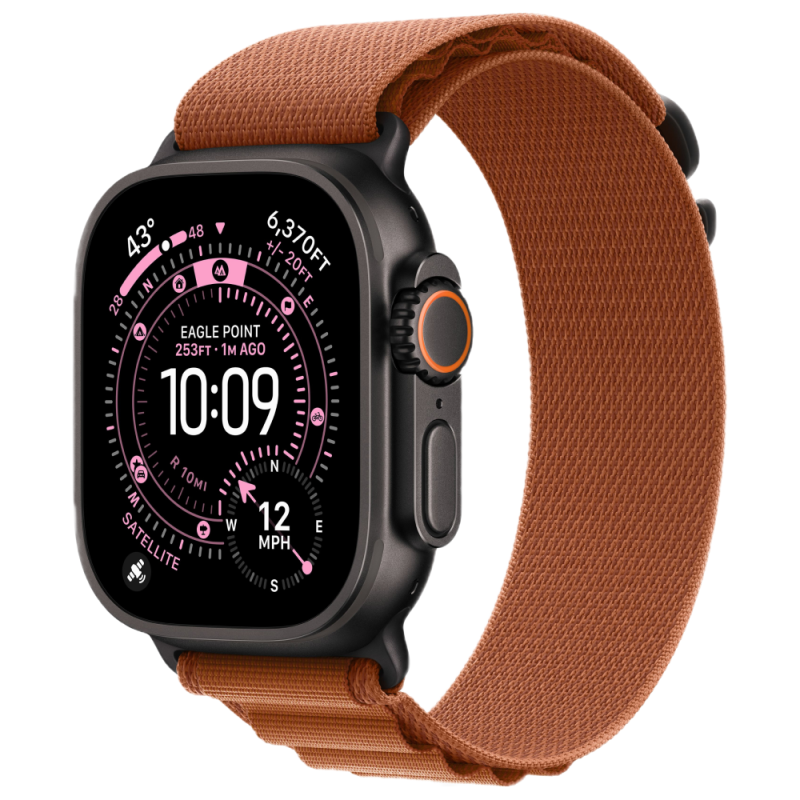 Фото Apple Watch Ultra 3 GPS + Cellular, 49 мм, корпус из чёрного титана, ремешок Alpine, цвет терракотовый, S На фото изображено Apple Watch Ultra 3 GPS + Cellular, 49 мм, корпус из чёрного титана, ремешок Alpine, цвет терракотовый, S