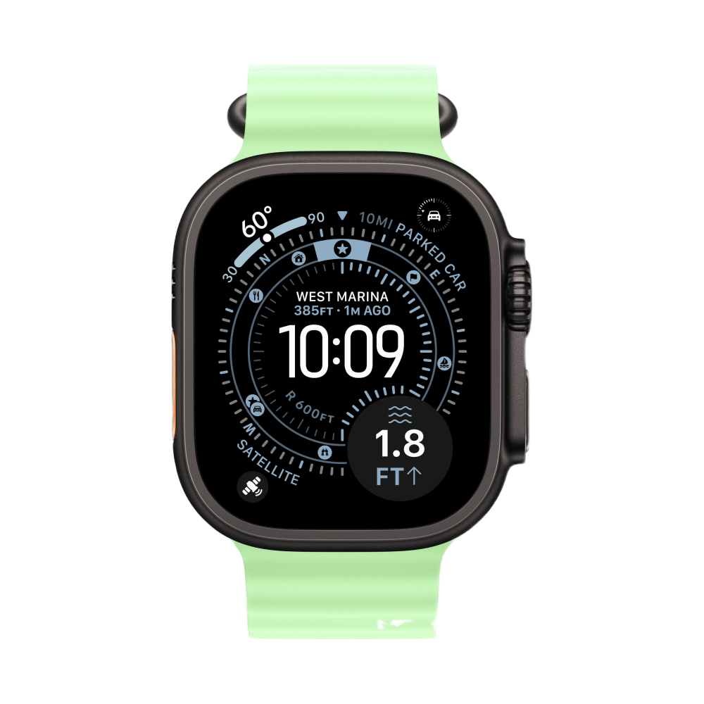 На фото изображено Apple Watch Ultra 3 GPS + Cellular, 49 мм, корпус из чёрного титана, ремешок Ocean Band, цвет неоновый зелёный