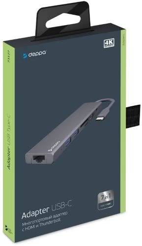 USB Type-C хаб 7-в-1, HDMI, Power Delivery, 2xUSB 3.0, RJ45, microSD/SD, графит, Deppa