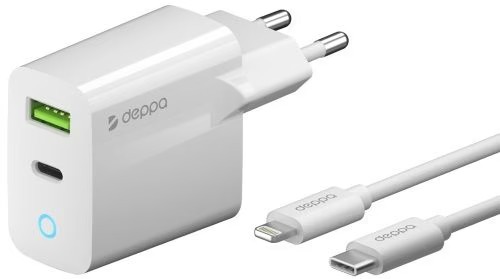 СЗУ USB-C + USB A, PD 3.0, QC 3.0, 20W, дата-кабель USB-C - Lightning (MFI), 1.2м, белый,  Deppa