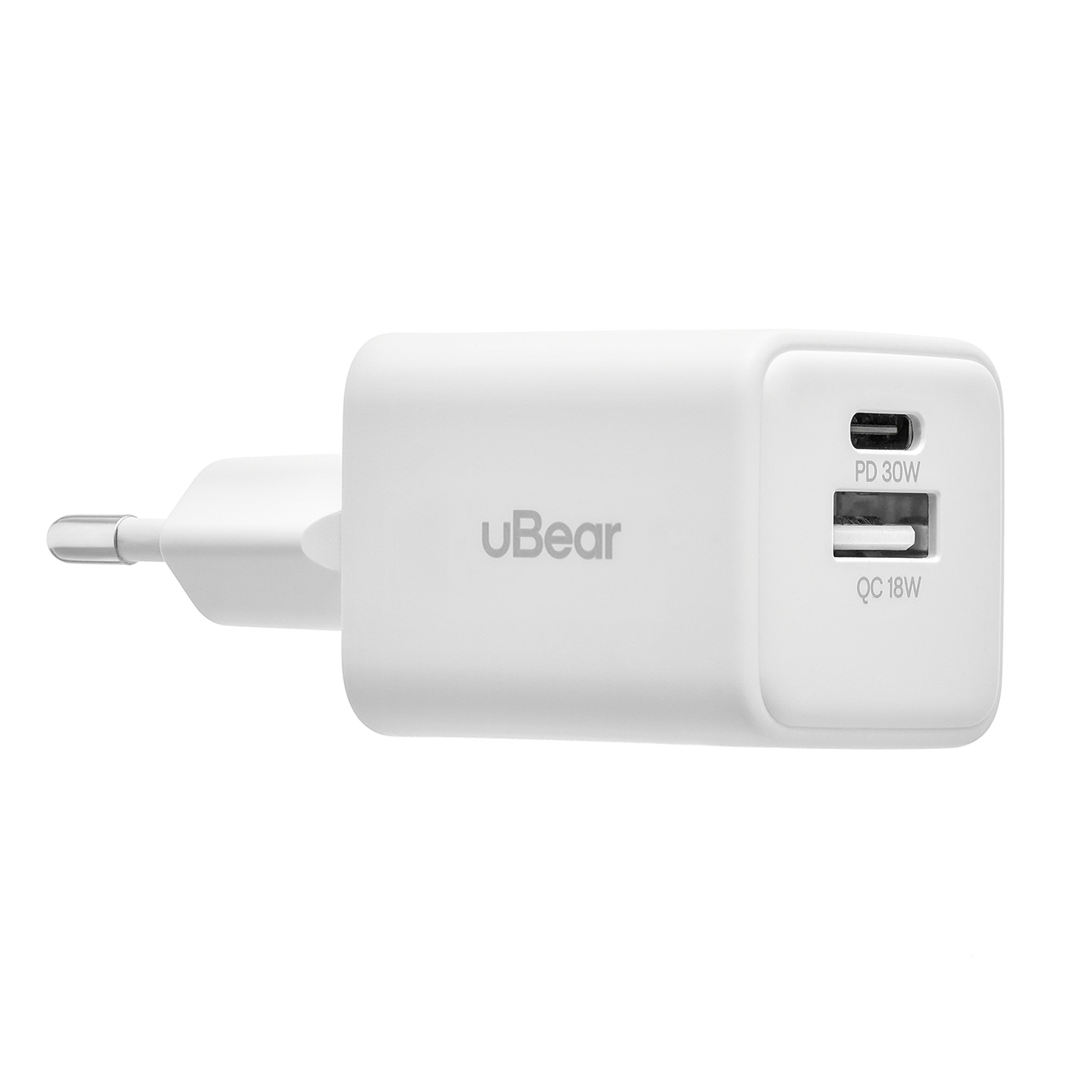 Cетевое зарядное устройство uBear Bridge USB-C, 30 Вт, GaN + Super Fast Charging, белый