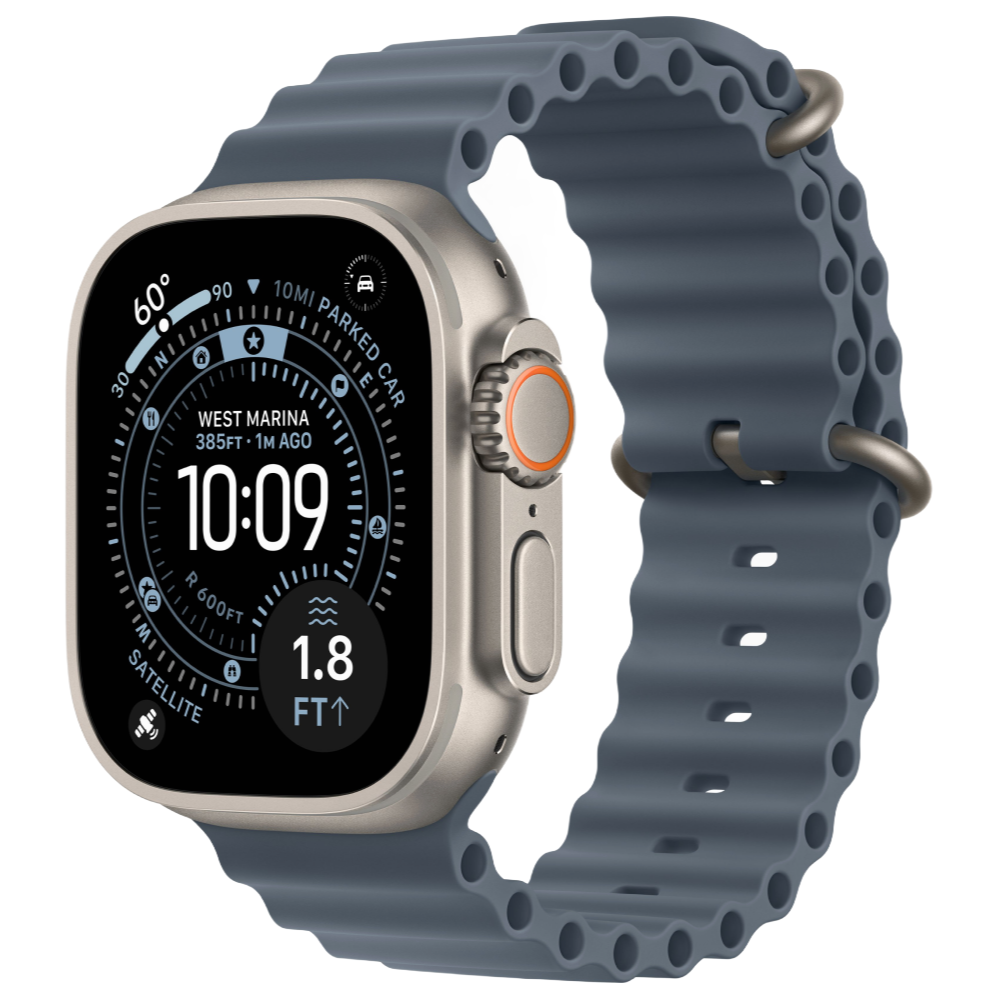 На фото изображено Apple Watch Ultra 3 GPS + Cellular, 49 мм, корпус из натурального титана, ремешок Ocean Band, цвет синий