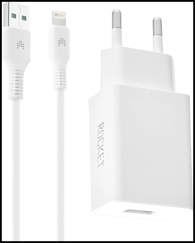 ROCKET Base Combo Сетевое зарядное устройство Base 10,5W, USB-A + кабель USB-A/Lightning, белый
