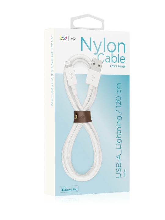 Дата-кабель "vlp" Nylon Cable USB A - Lightning MFI, 1.2м, белый
