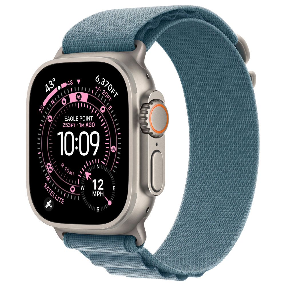На фото изображено Apple Watch Ultra 3 GPS + Cellular, 49 мм, корпус из натурального титана, ремешок Alpine, цвет светло-синий, M