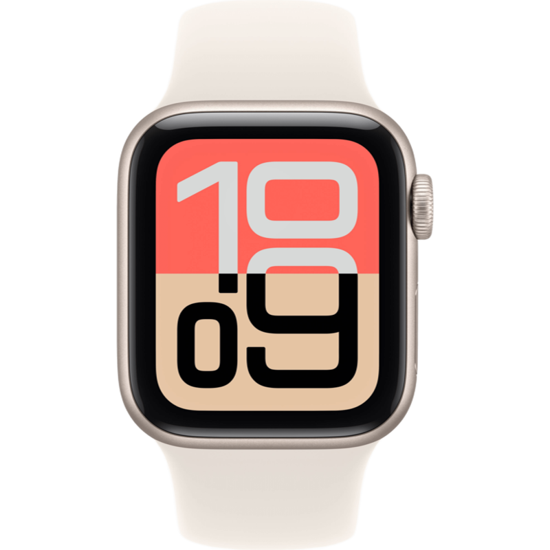 На фото изображено Apple Watch SE 3, 44 мм, корпус из алюминия цвета «Сияющая звезда», спортивный ремешок, размер S/M