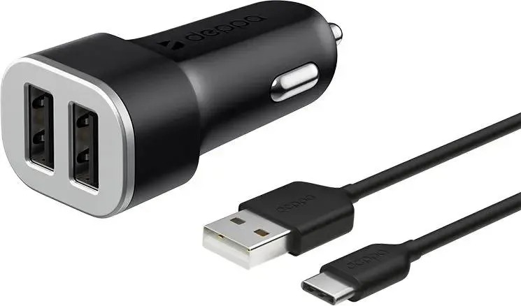АЗУ 2 USB 2.4А + кабель USB Type-C, черный, Ultra, Deppa