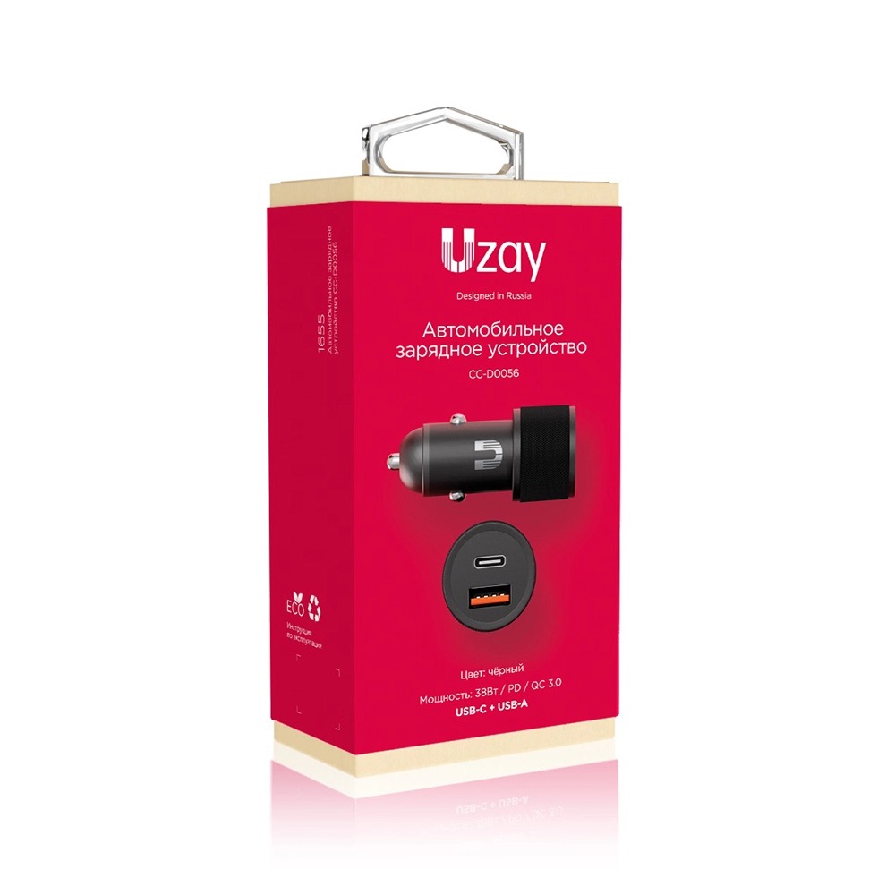Устройство зарядное автомобильное Uzay 38Вт USB-C+USB-A, PD, QC, черное