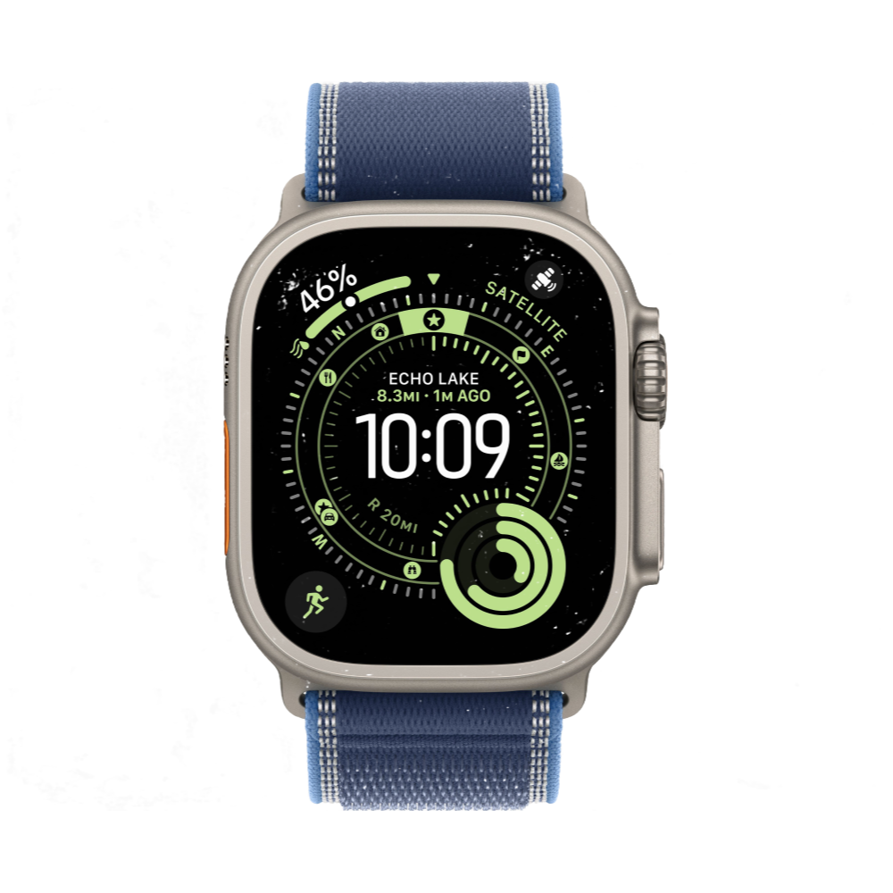 На фото изображено Apple Watch Ultra 3 GPS + Cellular, 49 мм, корпус из натурального титана, ремешок Trail, цвет синий, S/M