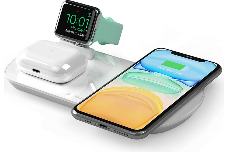 Зарядная станция Deppa 3 в 1: iPhone, Apple Watch, Airpods, беспроводная, 17,5 Вт, белый