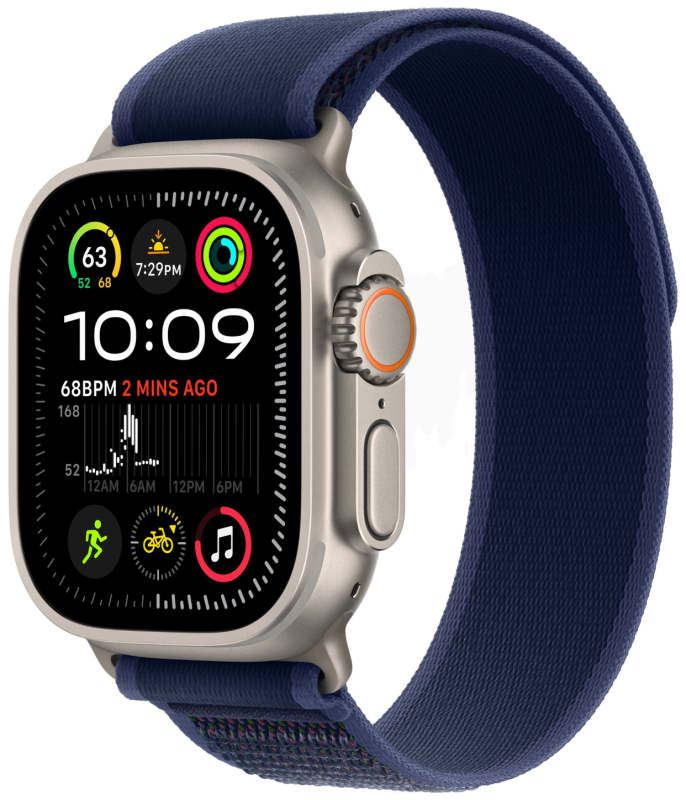 Фото Apple Watch Ultra 2 GPS + Cellular, 49 мм, корпус из бежевого титана, ремешок Trail синего цвета, размер M/L Фото Apple Watch Ultra 2 GPS + Cellular, 49 мм, корпус из бежевого титана, ремешок Trail синего цвета, размер M/L