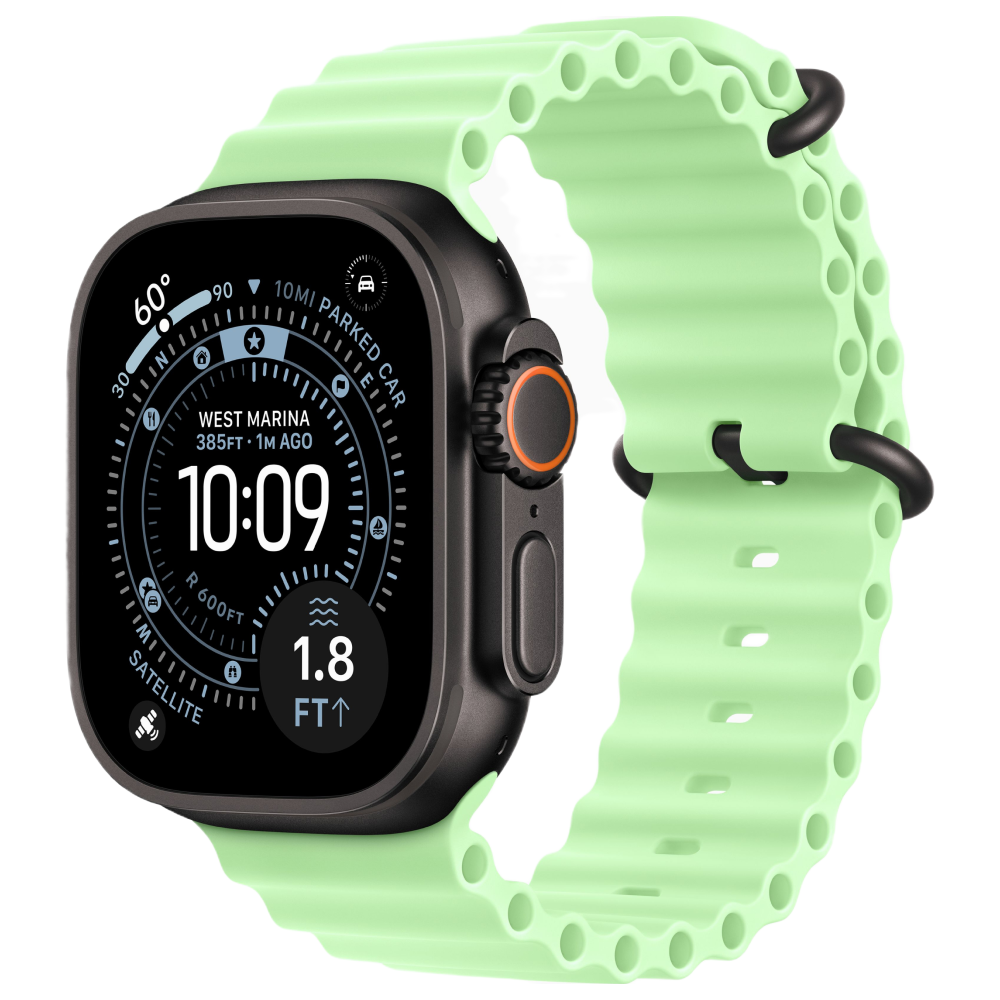 Фото Apple Watch Ultra 3 GPS + Cellular, 49 мм, корпус из чёрного титана, ремешок Ocean Band, цвет неоновый зелёный На фото изображено Apple Watch Ultra 3 GPS + Cellular, 49 мм, корпус из чёрного титана, ремешок Ocean Band, цвет неоновый зелёный