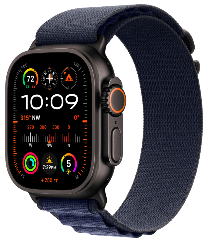 Фото Apple Watch Ultra 2 GPS + Cellular, 49 мм, корпус из черного титана, ремешок Alpine темно-синего цвета, размер L На фото изображено Apple Watch Ultra 2 GPS + Cellular, 49 мм, корпус из черного титана, ремешок Alpine темно-синего цвета, размер L