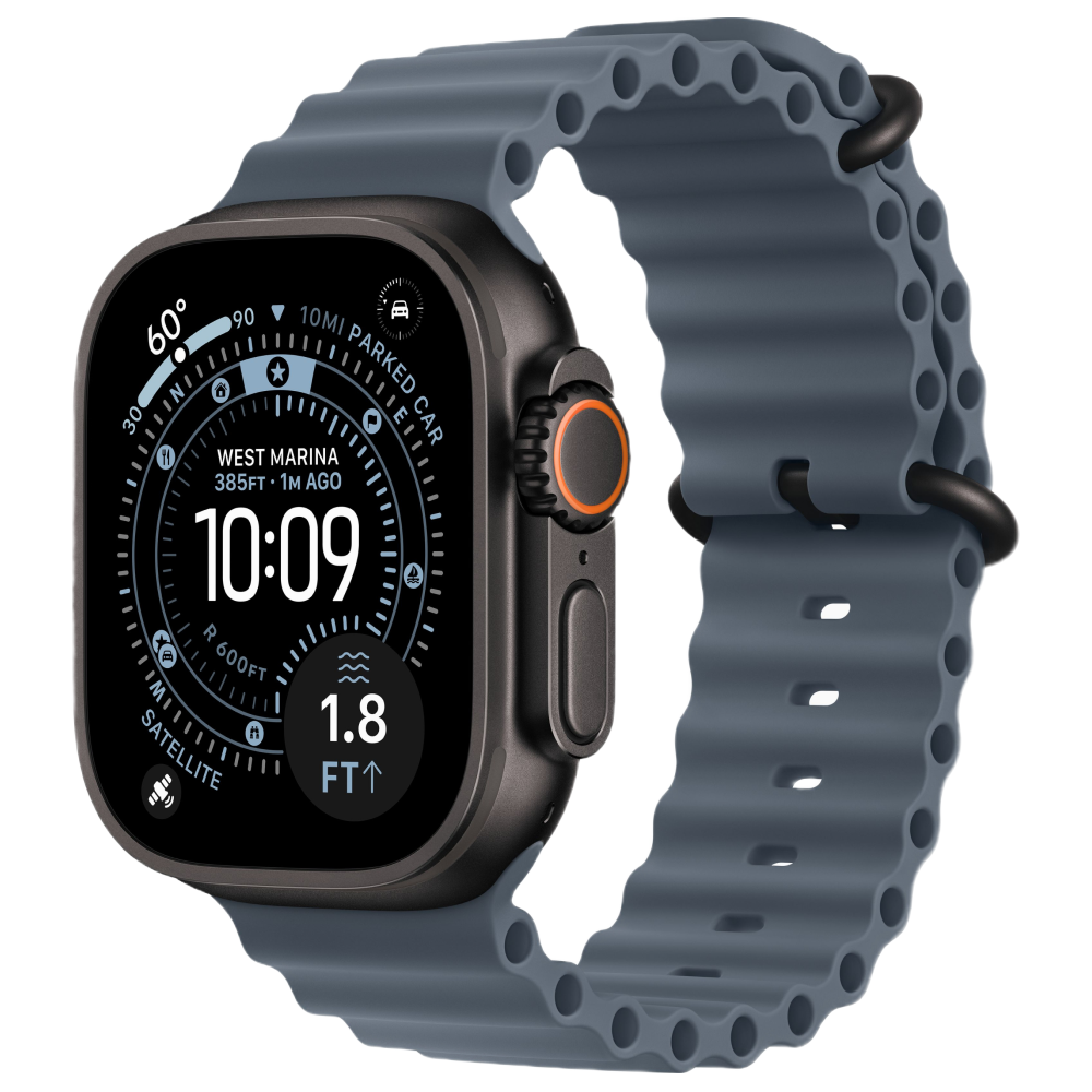 Фото Apple Watch Ultra 3 GPS + Cellular, 49 мм, корпус из чёрного титана, ремешок Ocean Band, цвет синий Фото Apple Watch Ultra 3 GPS + Cellular, 49 мм, корпус из чёрного титана, ремешок Ocean Band, цвет синий