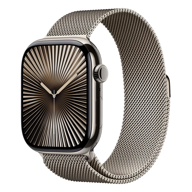 Фото Apple Watch Series 10, 46 мм, корпус из титана цвета «натуральный титан», ремешок Milanese титанового цвета, размер M/L Фото Apple Watch Series 10, 46 мм, корпус из титана цвета «натуральный титан», ремешок Milanese титанового цвета, размер M/L