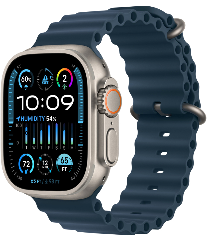 Фото Apple Watch Ultra 2 GPS + Cellular, 49 мм, корпус из титана, ремешок Ocean цвет Синий На фото изображено Apple Watch Ultra 2 GPS + Cellular, 49 мм, корпус из титана, ремешок Ocean цвет Синий