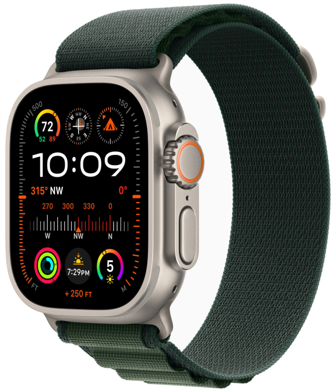 Фото Apple Watch Ultra 2 GPS + Cellular, 49 мм, корпус из бежевого титана, ремешок Alpine зелёного цвета, размер S На фото изображено Apple Watch Ultra 2 GPS + Cellular, 49 мм, корпус из бежевого титана, ремешок Alpine зелёного цвета, размер S