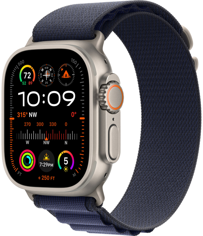 Фото Apple Watch Ultra 2 GPS + Cellular, 49 мм, корпус из бежевого титана, ремешок Alpine темно-синего цвета, размер S На фото изображено Apple Watch Ultra 2 GPS + Cellular, 49 мм, корпус из бежевого титана, ремешок Alpine темно-синего цвета, размер S