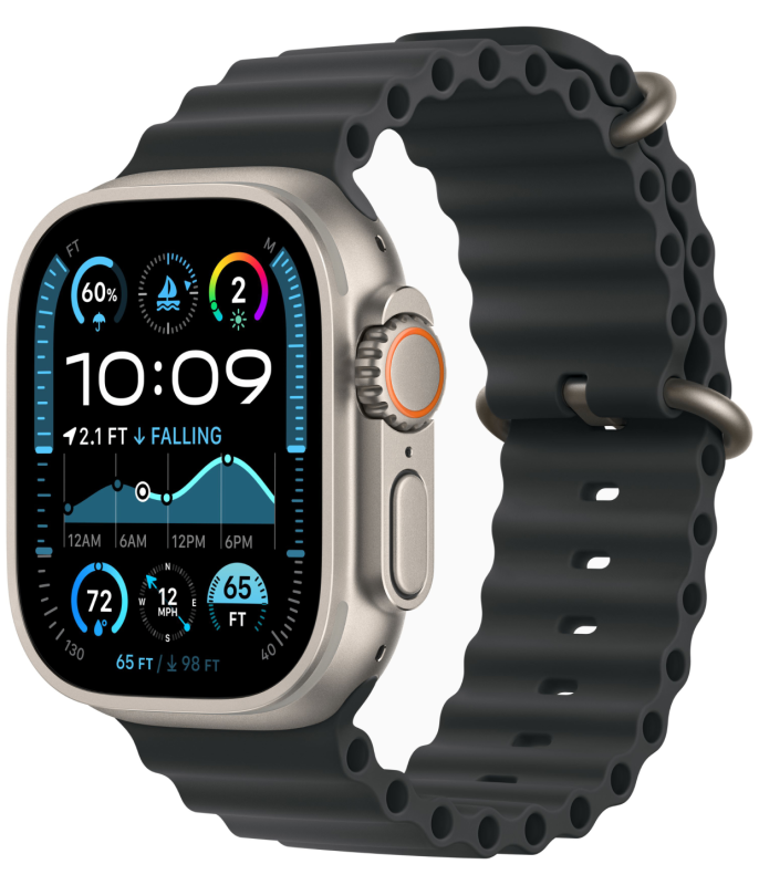 Фото Apple Watch Ultra 2 GPS + Cellular, 49 мм, корпус из бежевого титана, ремешок Ocean чёрного цвета На фото изображено Apple Watch Ultra 2 GPS + Cellular, 49 мм, корпус из бежевого титана, ремешок Ocean чёрного цвета