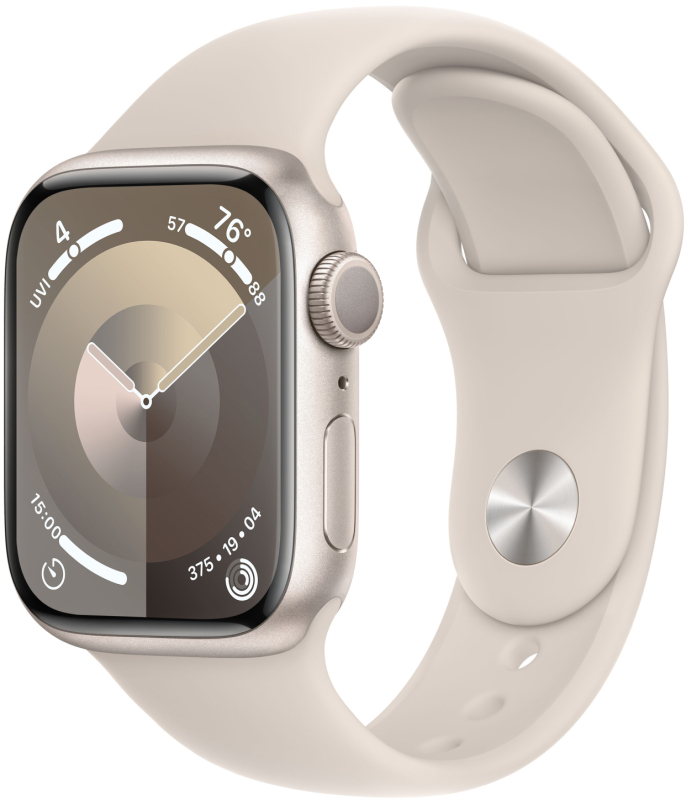 Фото Apple Watch Series 9, 41 мм, корпус из алюминия цвета «Сияющая звезда», спортивный ремешок, размер M/L На фото изображено Apple Watch Series 9, 41 мм, корпус из алюминия цвета «Сияющая звезда», спортивный ремешок, размер M/L