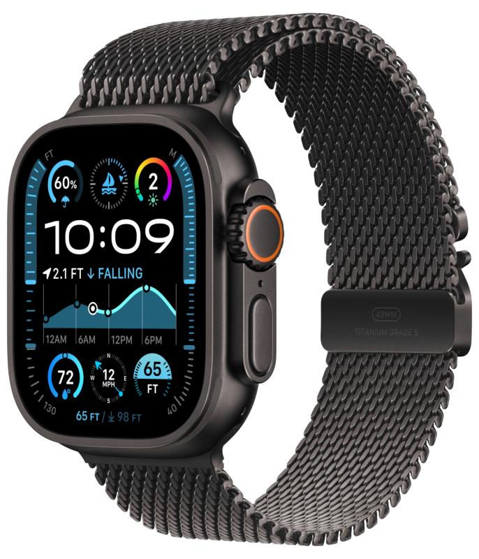Фото Apple Watch Ultra 2 GPS + Cellular, 49 мм, корпус из черного титана, ремешок Milanese черного цвета, размер M Фото Apple Watch Ultra 2 GPS + Cellular, 49 мм, корпус из черного титана, ремешок Milanese черного цвета, размер M
