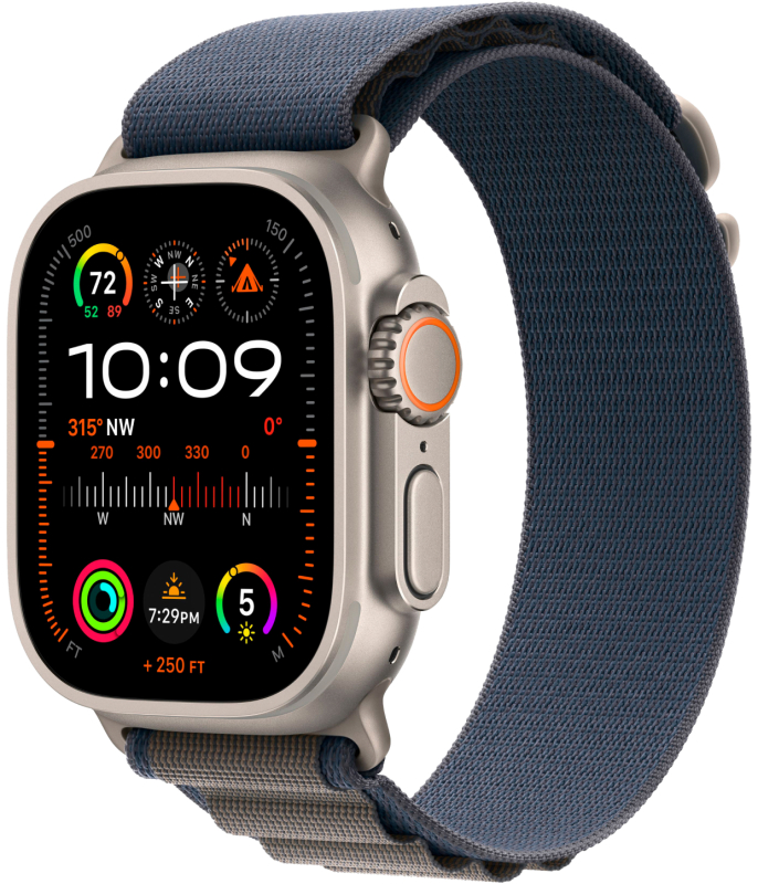 Фото Apple Watch Ultra 2 GPS + Cellular, 49 мм, корпус из титана, ремешок Alpine, цвет синий, S На фото изображено Apple Watch Ultra 2 GPS + Cellular, 49 мм, корпус из титана, ремешок Alpine, цвет синий, S
