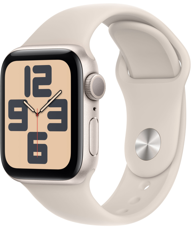 Фото Apple Watch SE 2024, 44 мм, корпус из алюминия цвета «Сияющая звезда», спортивный ремешок, размер M/L На фото изображено Apple Watch SE 2024, 44 мм, корпус из алюминия цвета «Сияющая звезда», спортивный ремешок, размер M/L