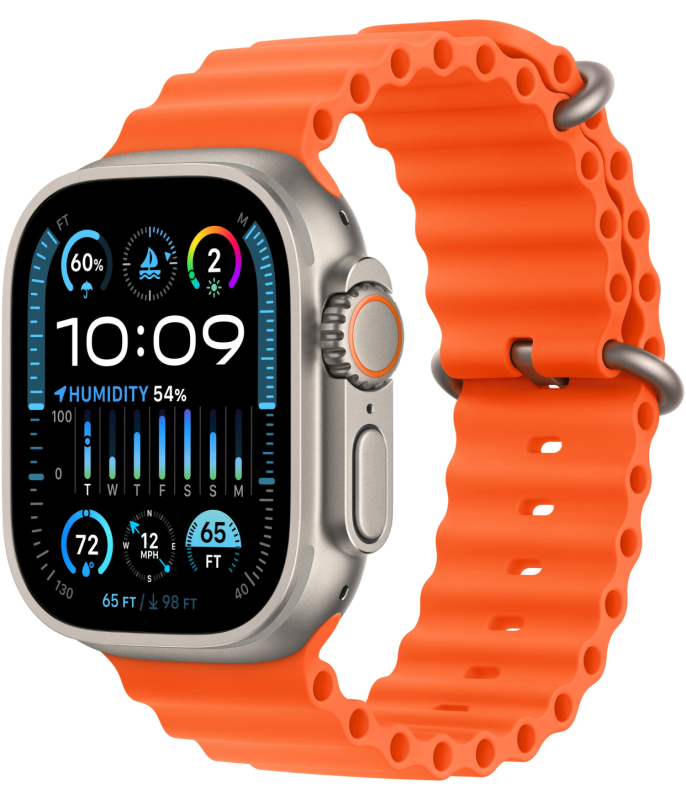 Фото Apple Watch Ultra 2 GPS + Cellular, 49 мм, корпус из титана, ремешок Ocean цвет Оранжевый На фото изображено Apple Watch Ultra 2 GPS + Cellular, 49 мм, корпус из титана, ремешок Ocean цвет Оранжевый
