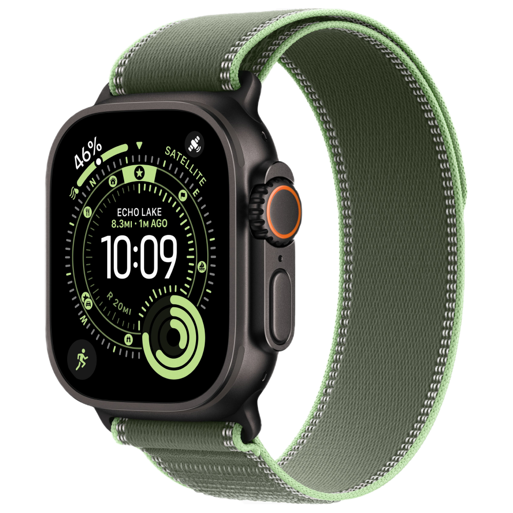 Фото Apple Watch Ultra 3 GPS + Cellular, 49 мм, корпус из чёрного титана, ремешок Trail, цвет зелёный, M/L Фото Apple Watch Ultra 3 GPS + Cellular, 49 мм, корпус из чёрного титана, ремешок Trail, цвет зелёный, M/L
