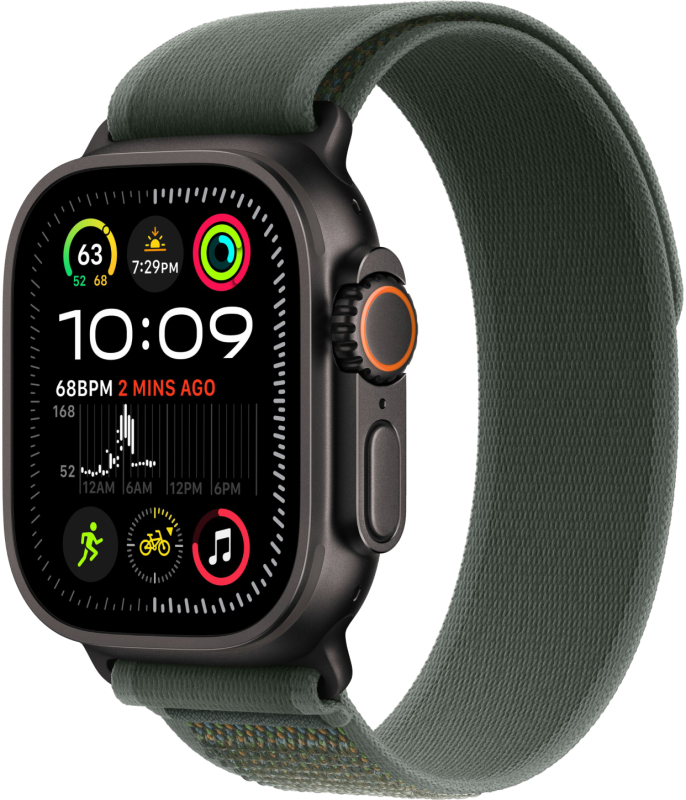 Фото Apple Watch Ultra 2 GPS + Cellular, 49 мм, корпус из черного титана, ремешок Trail зеленого цвета, размер M/L На фото изображено Apple Watch Ultra 2 GPS + Cellular, 49 мм, корпус из черного титана, ремешок Trail зеленого цвета, размер M/L