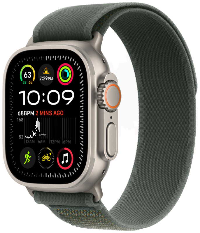 Фото Apple Watch Ultra 2 GPS + Cellular, 49 мм, корпус из бежевого титана, ремешок Trail зелёного цвета, размер S/M На фото изображено Apple Watch Ultra 2 GPS + Cellular, 49 мм, корпус из бежевого титана, ремешок Trail зелёного цвета, размер S/M